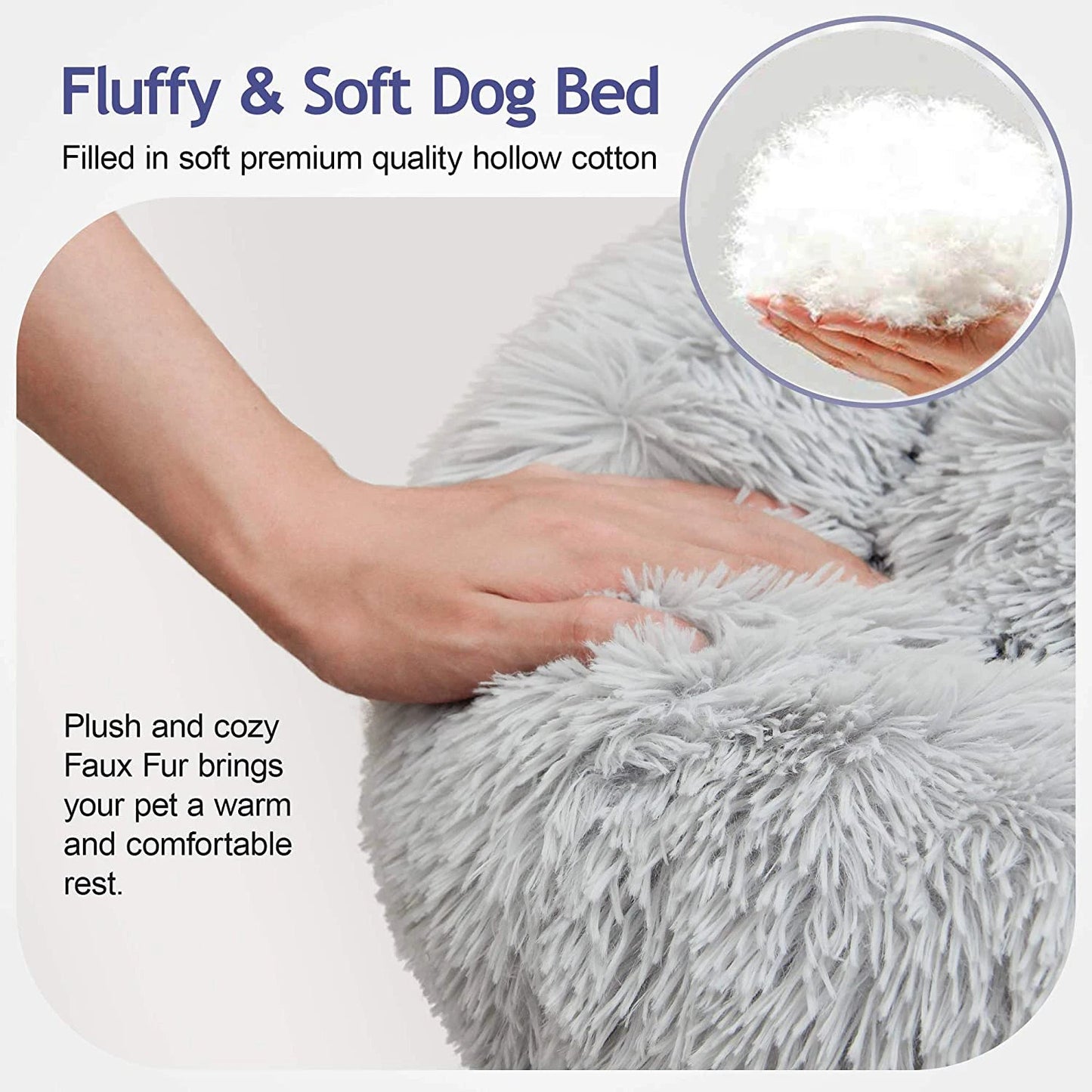 Ultra soft Donut pet bed by Mufaal.com with calming plush fabric and raised edges for dogs and cats.