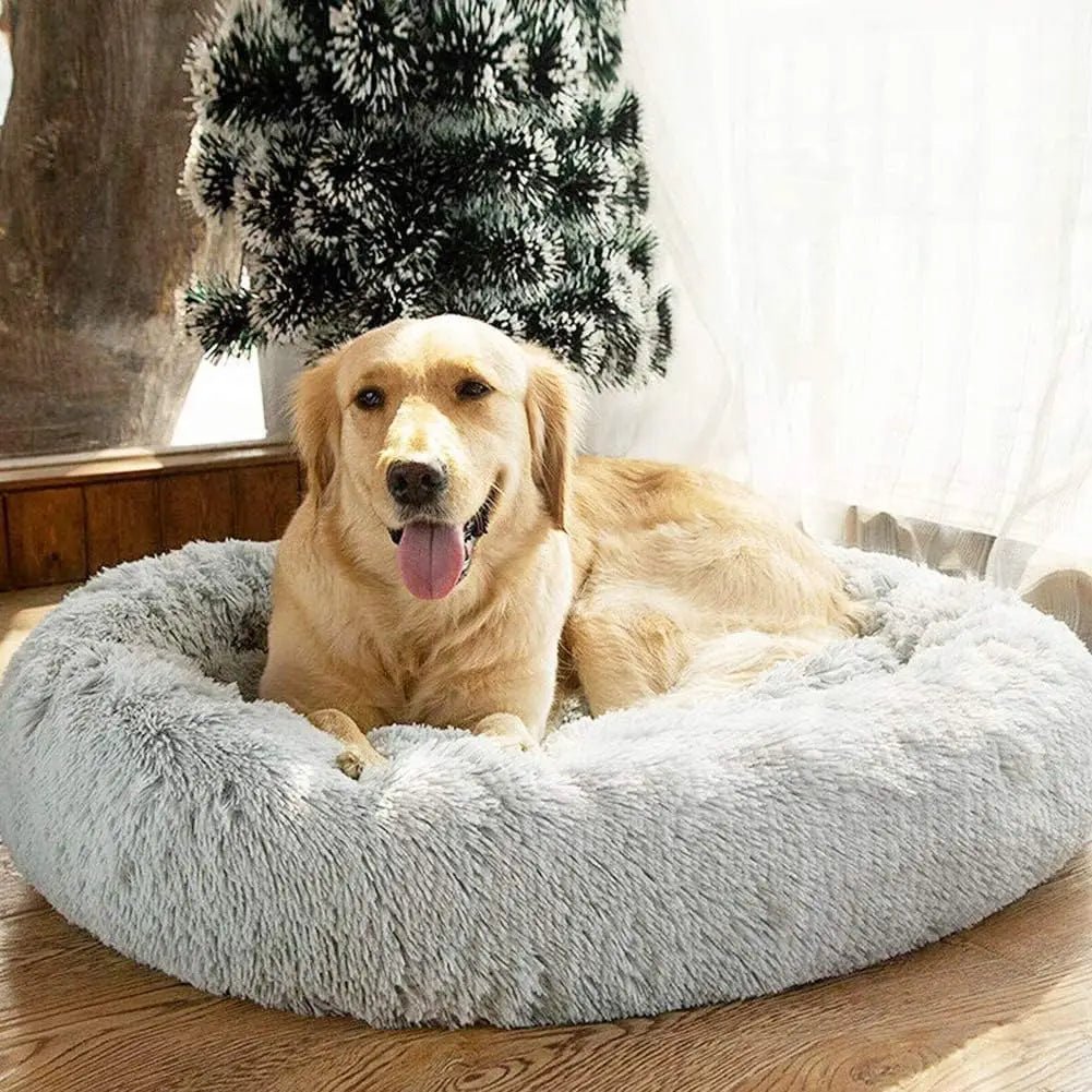 Ultra soft donut pet bed by Mufaal.com with plush material, raised edges, and calming design for dogs and cats.