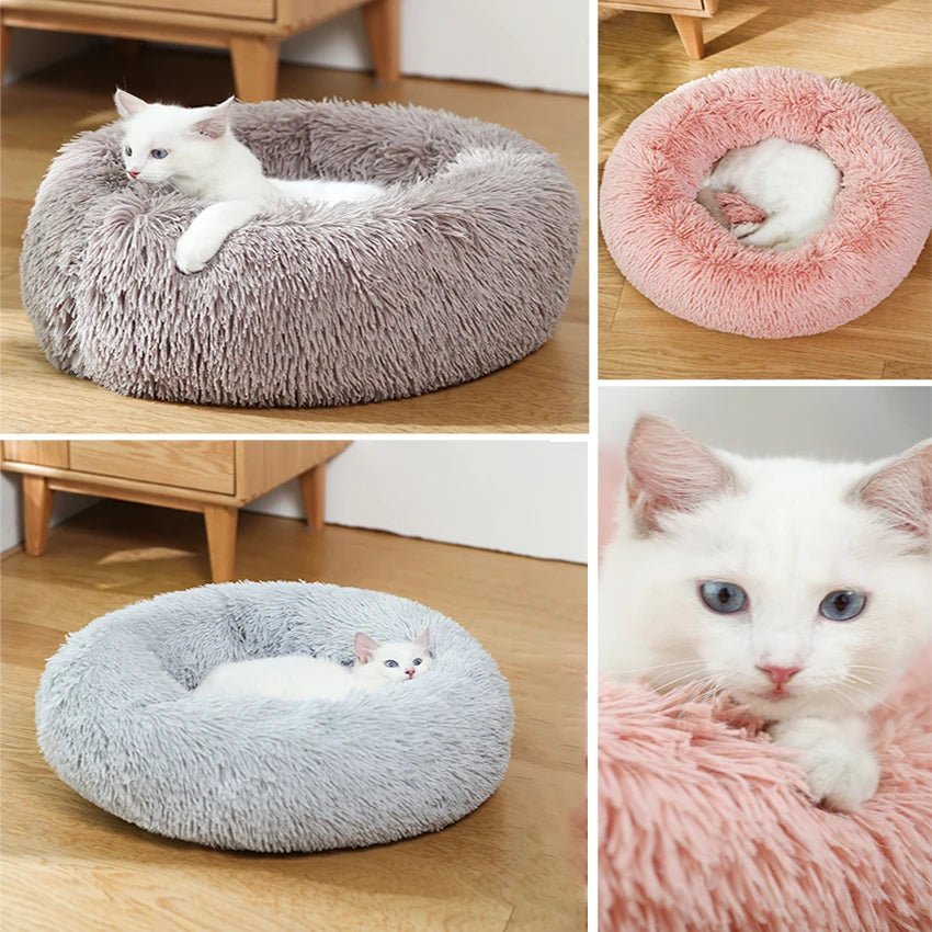 Ultra soft donut pet bed by Mufaal.com featuring plush fabric and raised edges for dogs and cats' comfort and relaxation.